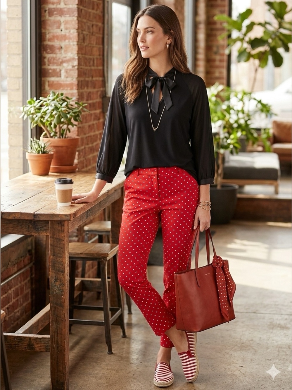 Women's Black Tie-Neck Blouse with Buttoned Cuffs